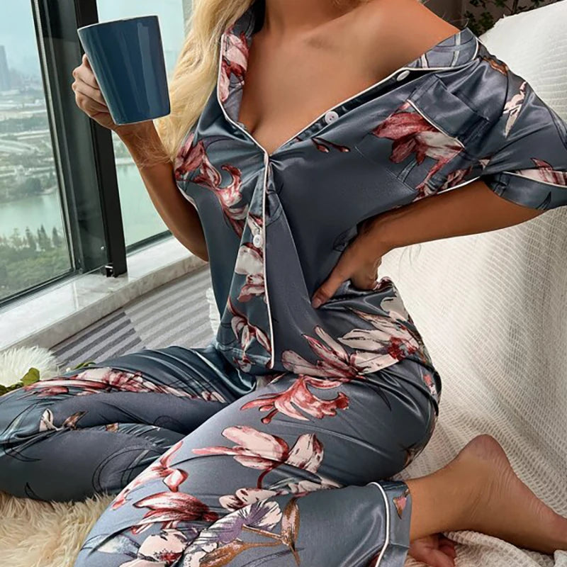 Pyjama Femme 2 Piece Set Women's Short Sleeve Pajamas Autumn Satin Silk