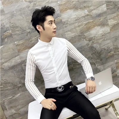 Men Shirt 2023 Spring Hollow Lace Patchwork Long Sleeve Shirt