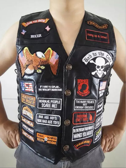 Mens Black Genuine Leather Motorcycle Vest W/ 42 Patches US Flag Eagle