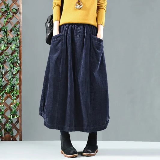 Solid Color Elastic Waist Loose Corduroy Retro Skirt Vintage Winter Skirts