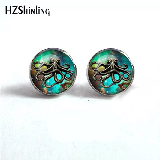 NES-0058  Steampunk Octopus Stud Earrings Octopus Nebula Earring