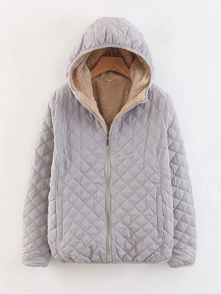 Women Autumn Winter Parkas Coat Jackets Female Lamb Hooded Plaid Long