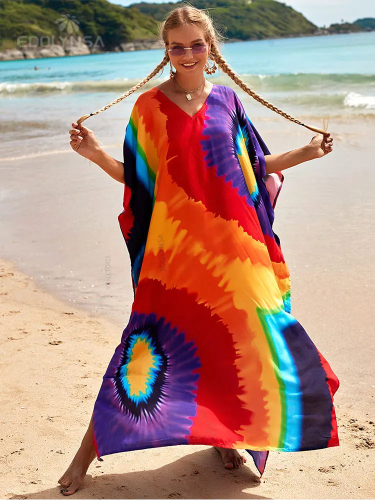 2023 Multicolored Kaftan Bohemian Printed V-Neck Batwing