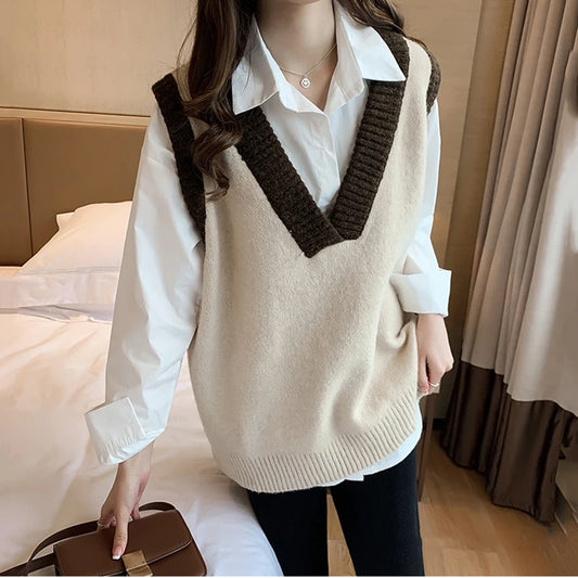 Sweater Vest Women Patchwork Korean Style High Quality Knitted Sweatshirt