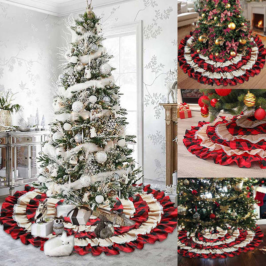 Dropshipping 48 Inch Red Black Plaid Christmas Tree Skirt Ruffled Buffalo