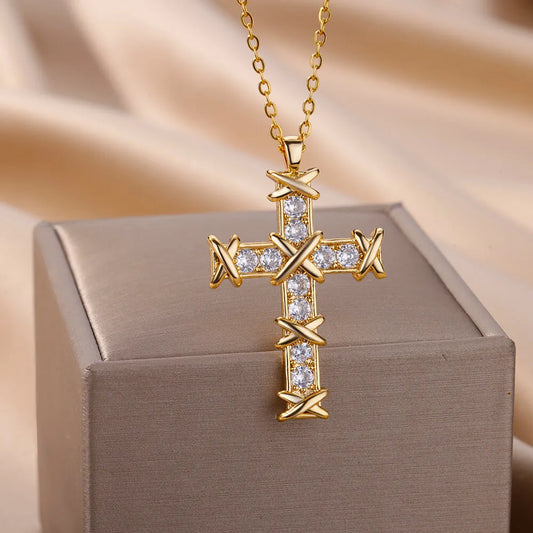 Zircon Jesus Cross Pendant Necklaces for Women Stainless Steel Gold Color