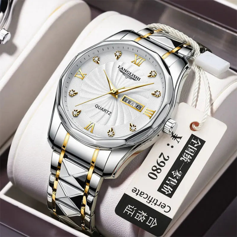 Men's Diamond Faced Steel Band Watch Waterproof Luminous Calendar Quartz Watch