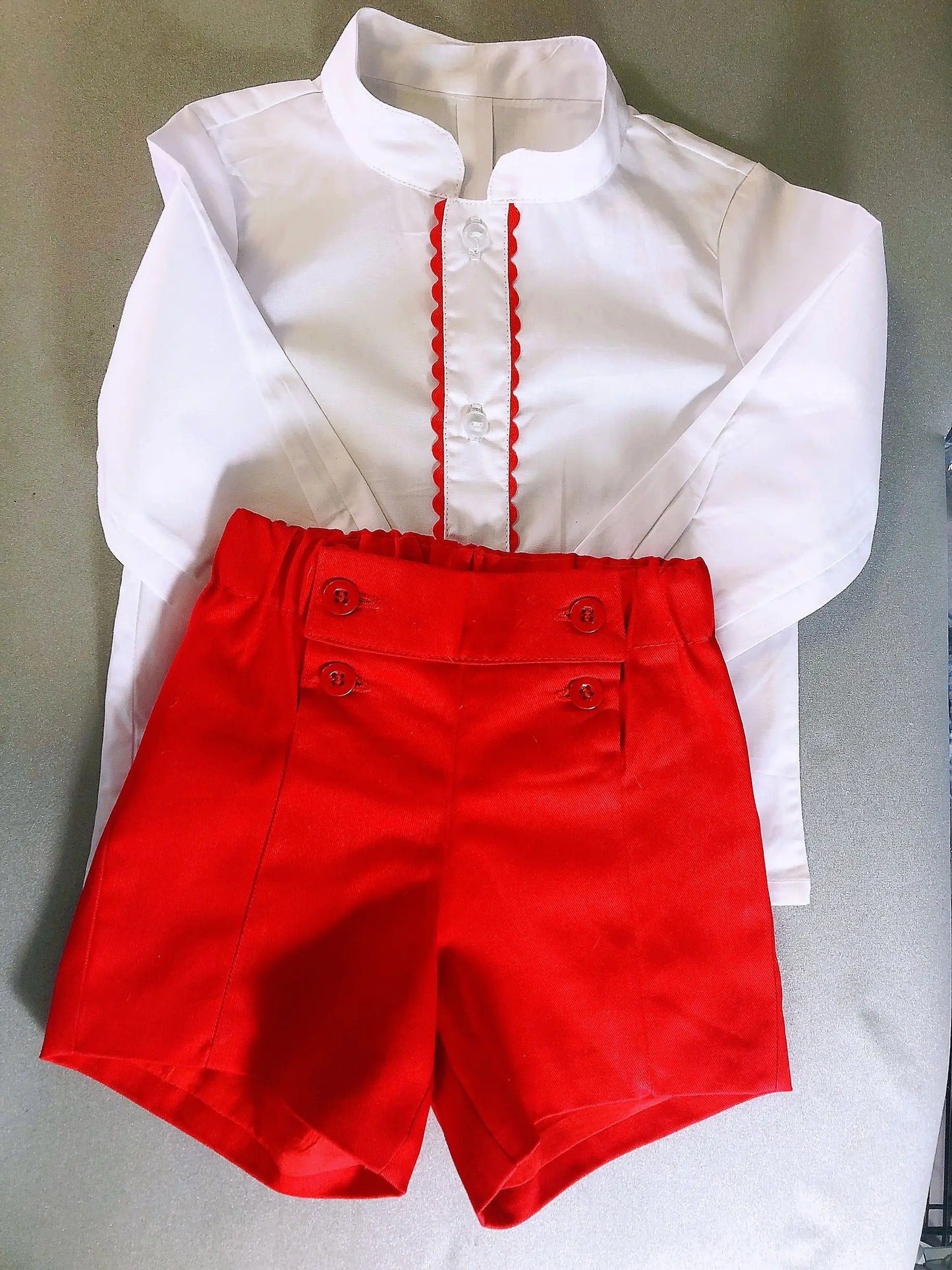 Spanish Toddler Boys Clothes Set Baby Baptism Boutique White Shirt Red Shorts