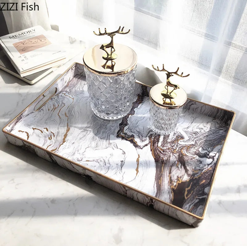 Marble Texture Storage Plastic Tray Fruit Food Teacup Jewelry  Display Tray