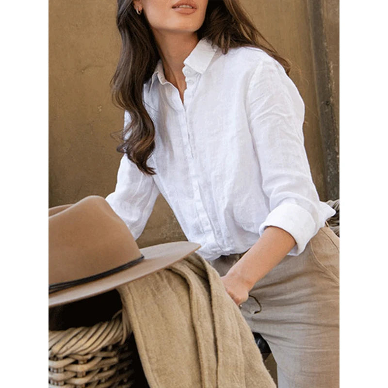 100% Linen White Shirts and Blouses Turn Down Collar Long Sleeve Tops