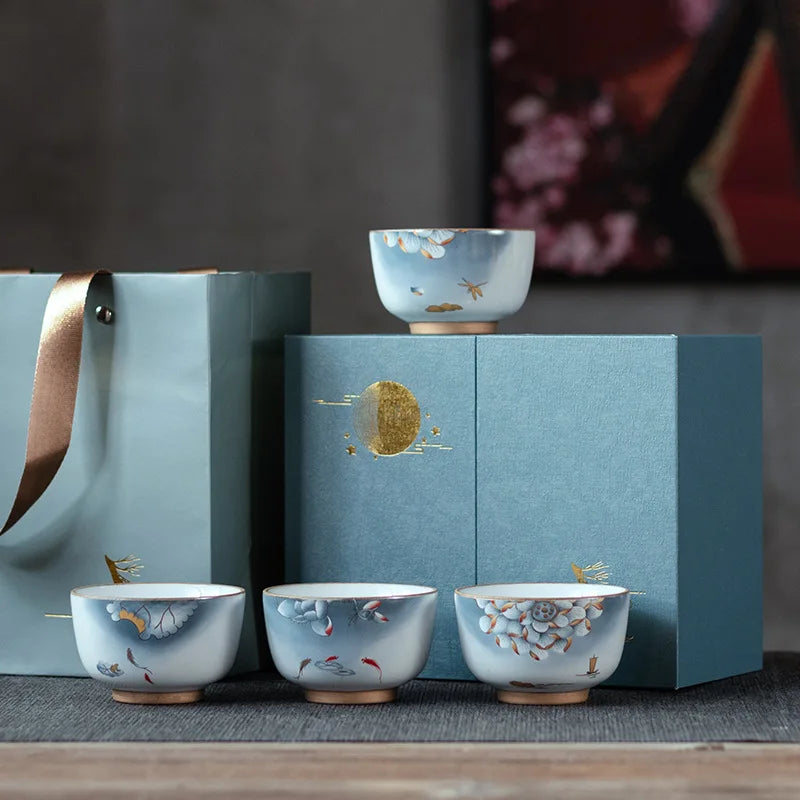 Azure Rui He Ceramic Cup 4 Cup Gift Box Kung Fu Tea Cup