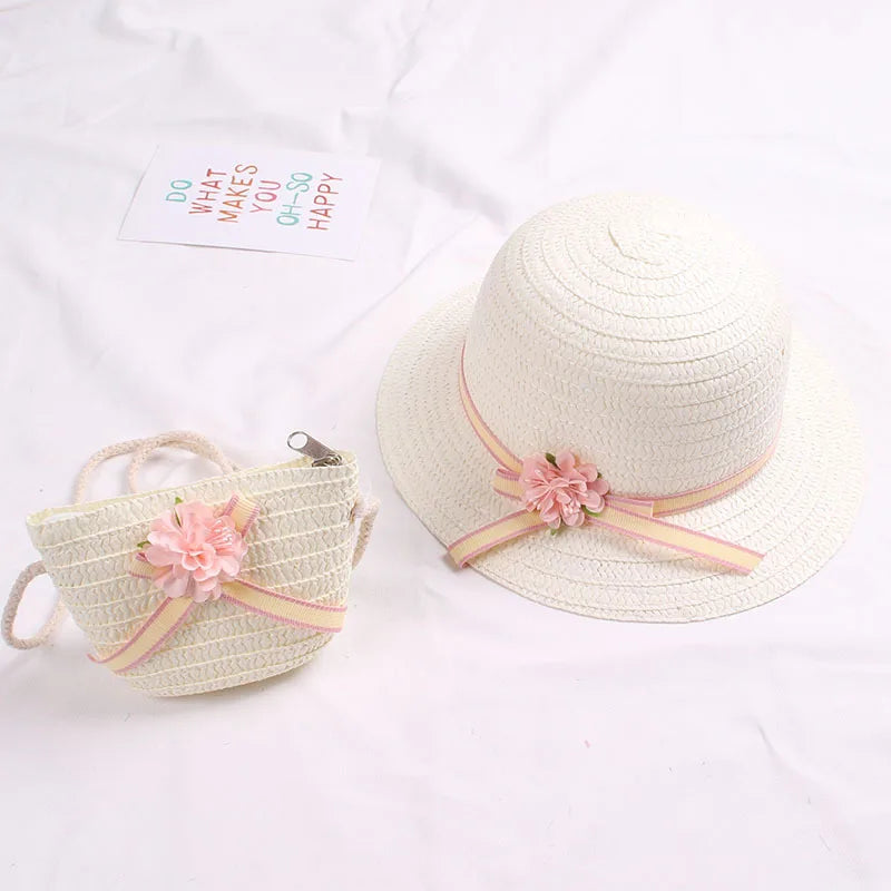 Summer Baby Flower Breathable Hat Straw Hat With Handbag Bags Kids Hat Girls