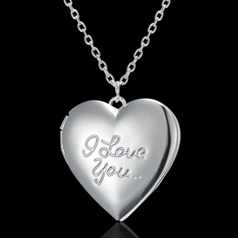 Openable Love Heart Locket Pendant Women Necklace Silver Color Chain Memory