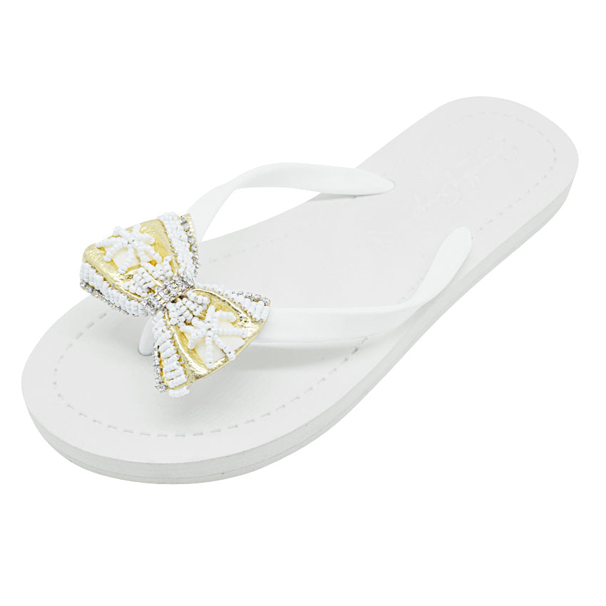 Gold & Pearl Bow  - Big Kids Flip Flops Sandal- Embroidered Motifs