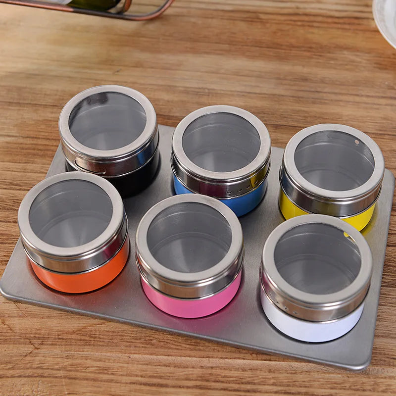 6pcs/Set Magnetic Spice Tin Jar With Rack Stainless Steel Spice Sauce Storage