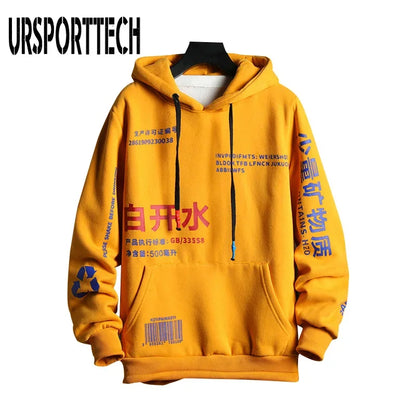 URSPORTTECH Mens Hoodies Fleece Fashion Harajuku Japanese Hip Hop Sweatshirt