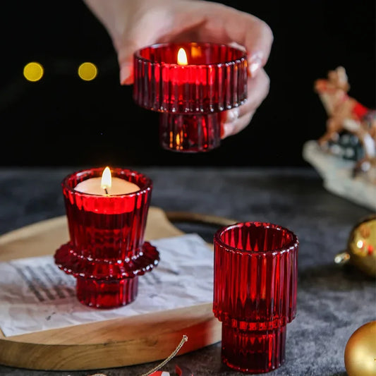 Red Mini Glass Candle Holders Taper Candle Stand Small Tealight Candle Holder