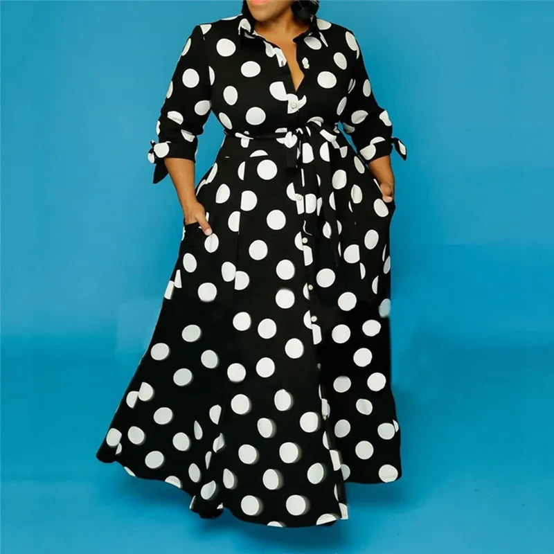 Women Dress Plus Size XL-5XL Elegant Maxi Dress Polka Dot Printed Office Lady