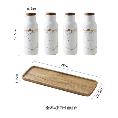 Matte Marble Pattern Ceramic Kitchen Spice Jar Oil Set Wooden Cover Salt Shaker