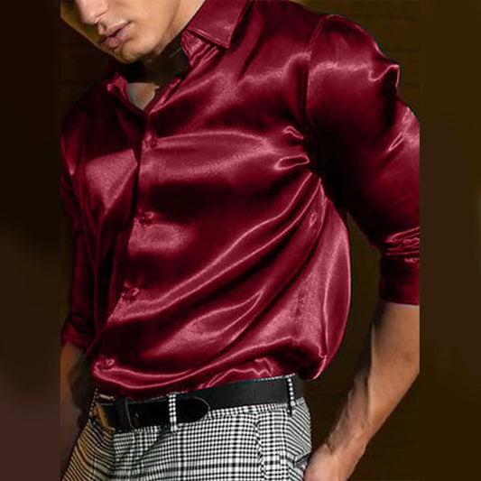 Men's Satin Silk Shirts Long Sleeve Turn-Down Collar Shirts