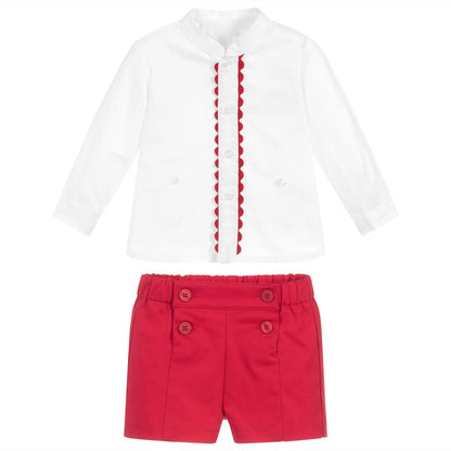 Spanish Toddler Boys Clothes Set Baby Baptism Boutique White Shirt Red Shorts