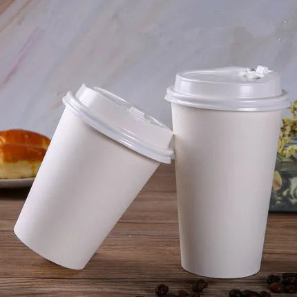 100pcs/Pack White Paper Cups With Lid Disposable Coffee Cup