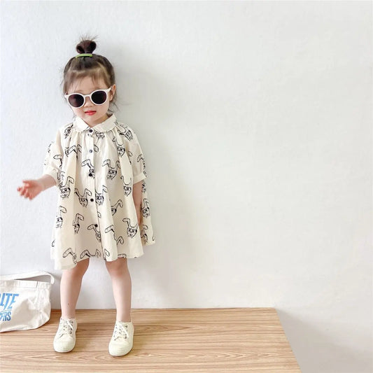 Girls' Cartoon Pattern Short Sleeve Dress 2022 Summer New Korean Style Girl