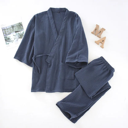 Men and Women 100% Cotton Pajamas Plus Size Loose Bathrobes V-Neck Kimono