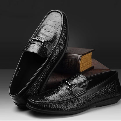 Phenkang Men Leather Summer Alligator Texture Slip-On Casual Shoes Male Loafer