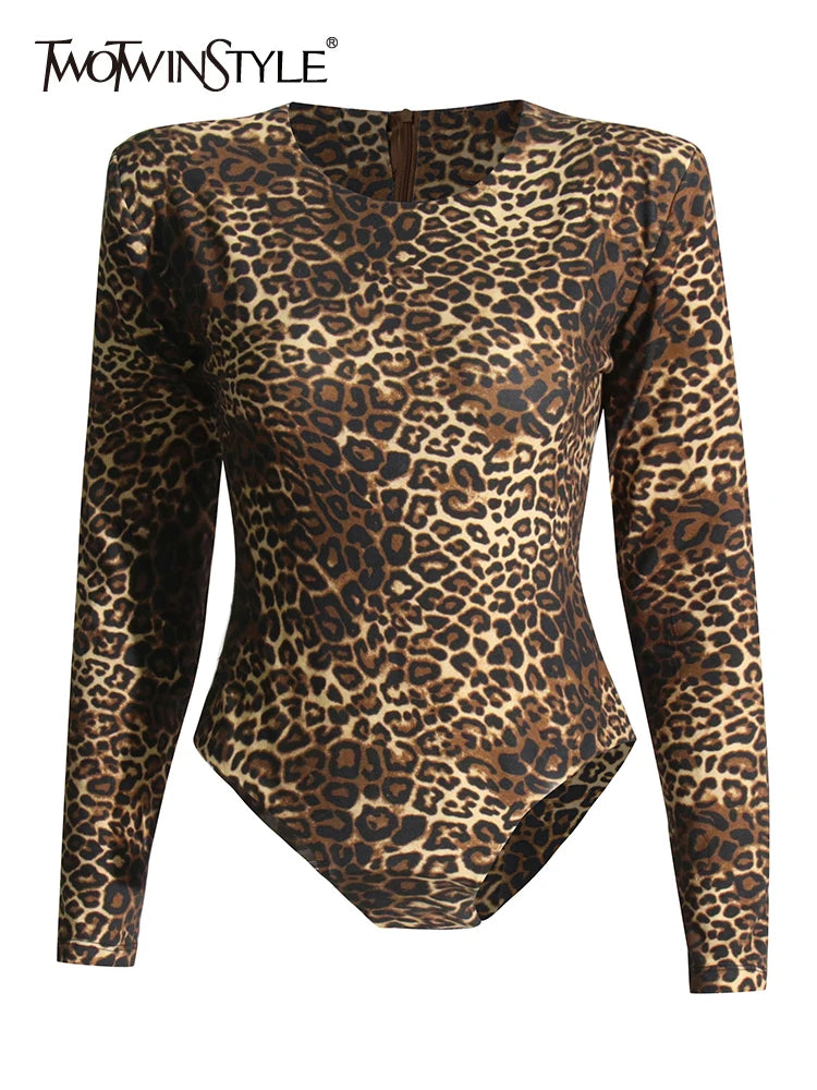 TWOTWINSTYLE Colorblock Leopard Printing Slimming Bodysuists