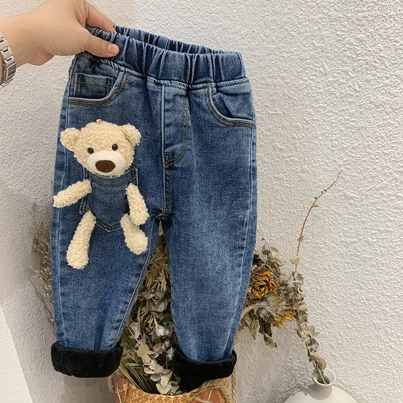 2-6 Years Winter Girls Boys Cute Cartoon Bear Jeans Pant Baby Kids Children