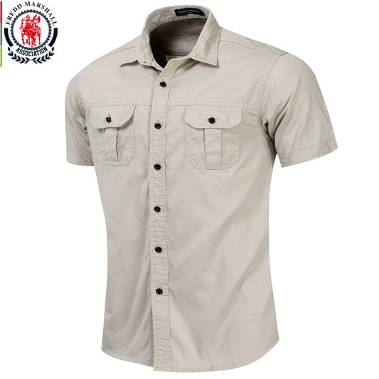 Fredd Marshall New Mens Military Shirt Men Short Sleeve Cargo Shirts