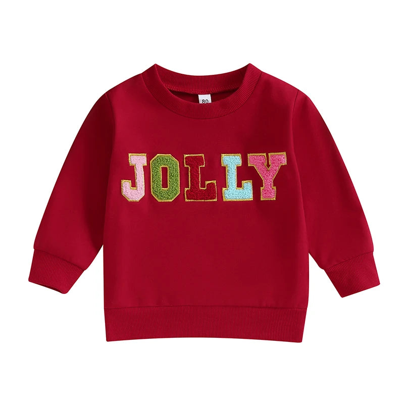 Toddler Christmas Sweatshirt Baby Boy Girl Holly Jolly Letter Embroidery Tops