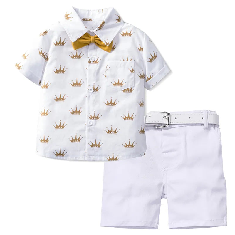 Summer Kids Boys Formal Outfit Suit Crown Printed Shirt With Bow Leather Belt