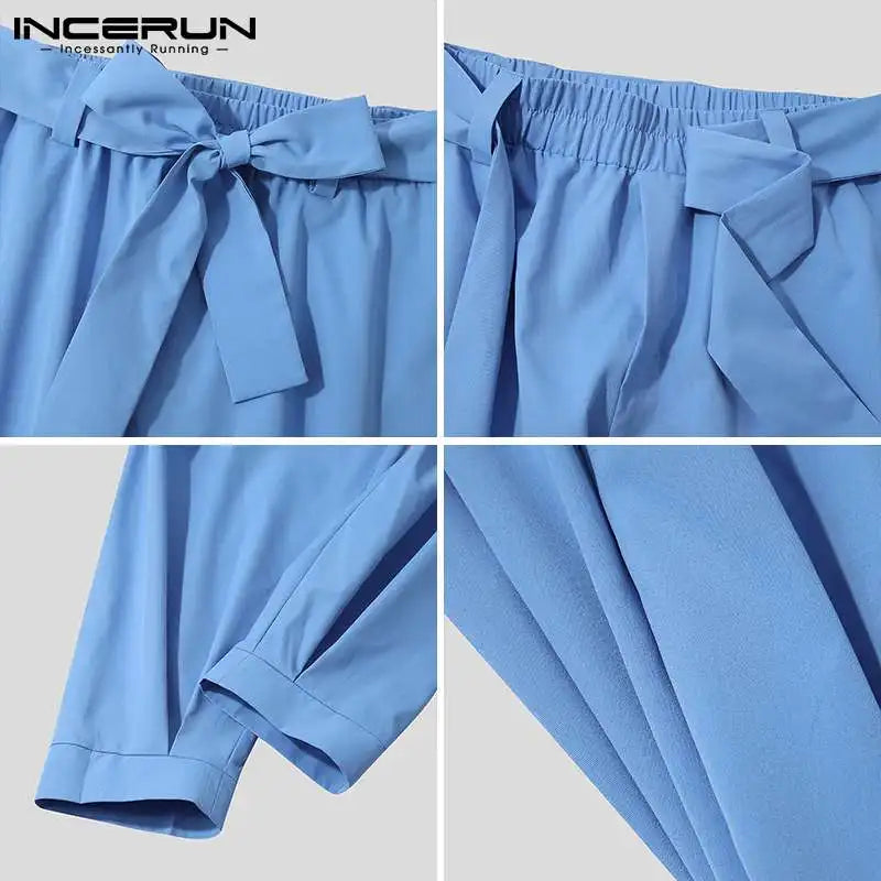 INCERUN 2023 New Men's Fashion Solid Color Pants Drawstring Casual Trousers