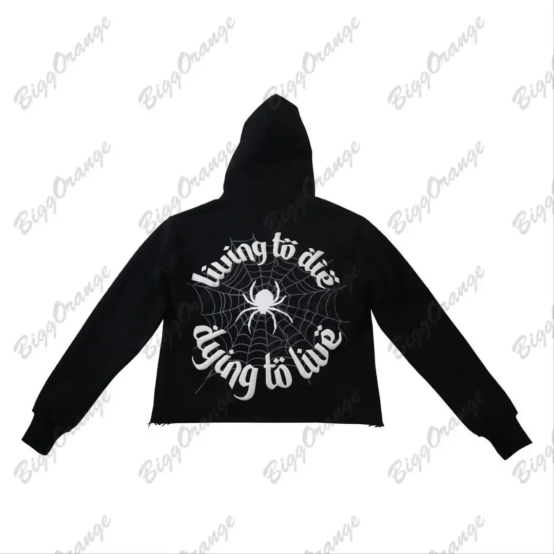 Y2K Black Relaxed Super Dalian Hoodie With Spider Pattern on the Back