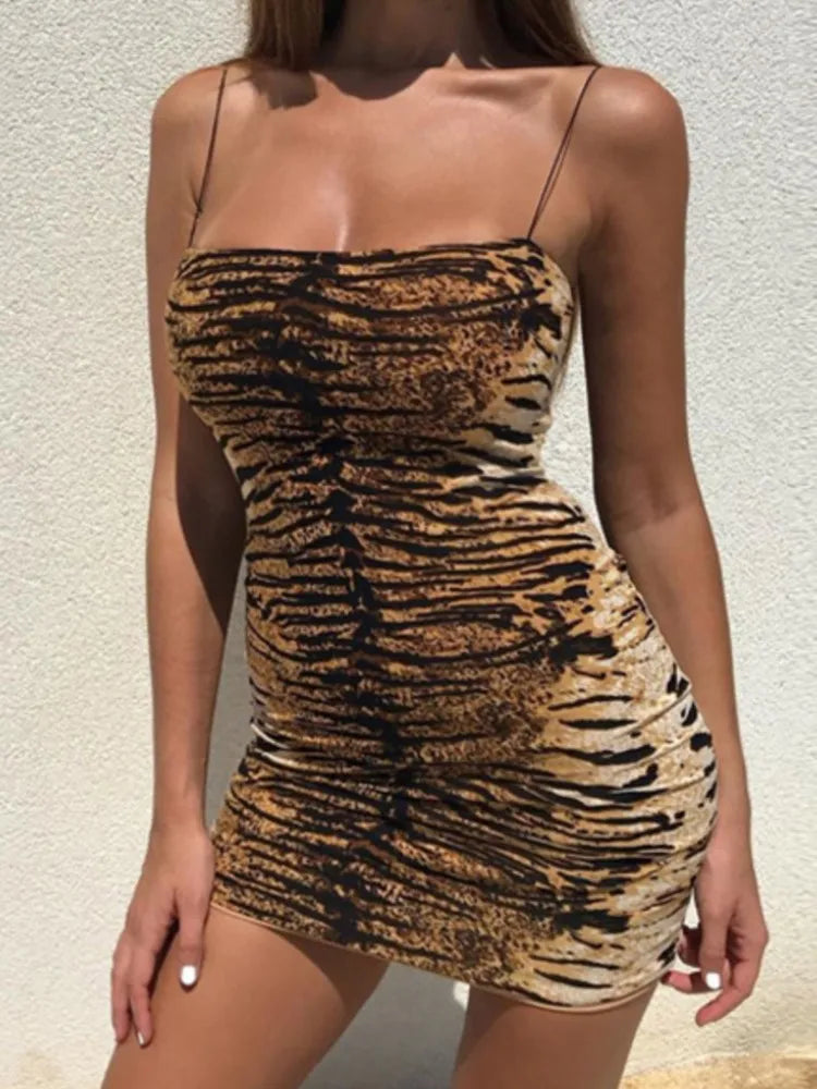 Artsu Leopard Print Spaghetti Straps Mini Dresse Bodycon Tiger Print Sexy