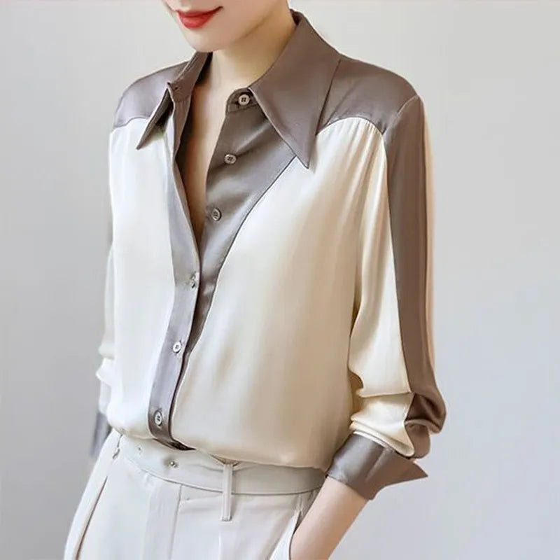 Summer Elegant Fashion Patchwork Buttons Shirt Ladies Long Sleeve