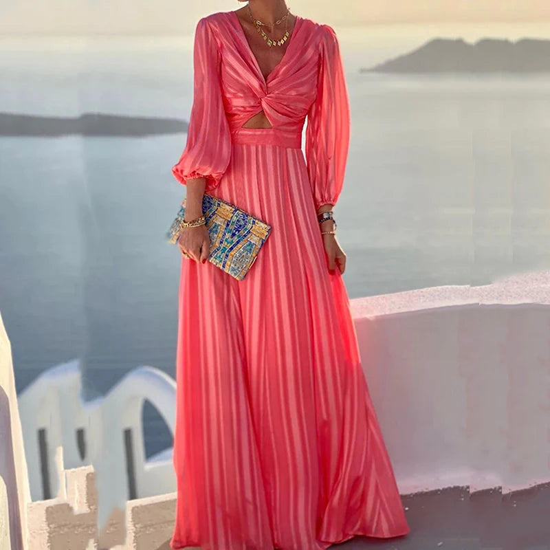 Elegant Long Sleeve v Neck Pleated Long Dress Women Sexy