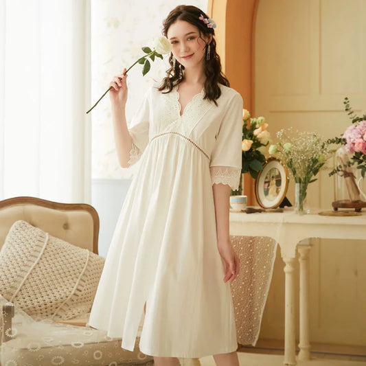 Women Cotton Night Dress Victorian Vintage Romantic Nightgown