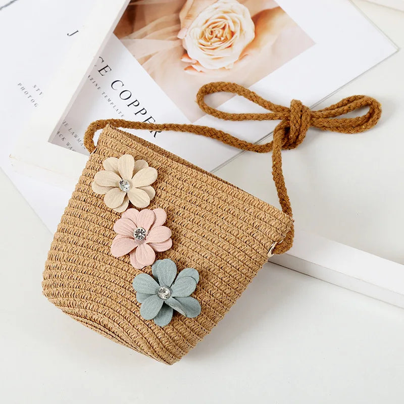 Summer Baby Flower Breathable Hat Straw Hat With Handbag Bags Kids Hat Girls