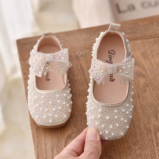 2023 New Girl's Princess Shoes Children's Fashion Bow Rhinestone Sequin Kids