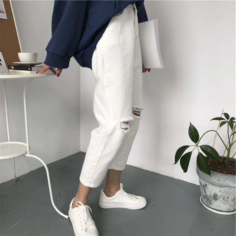 Jeans Women Ripped Hole High Waist Zipper Fly Button Straight Ankle-Length