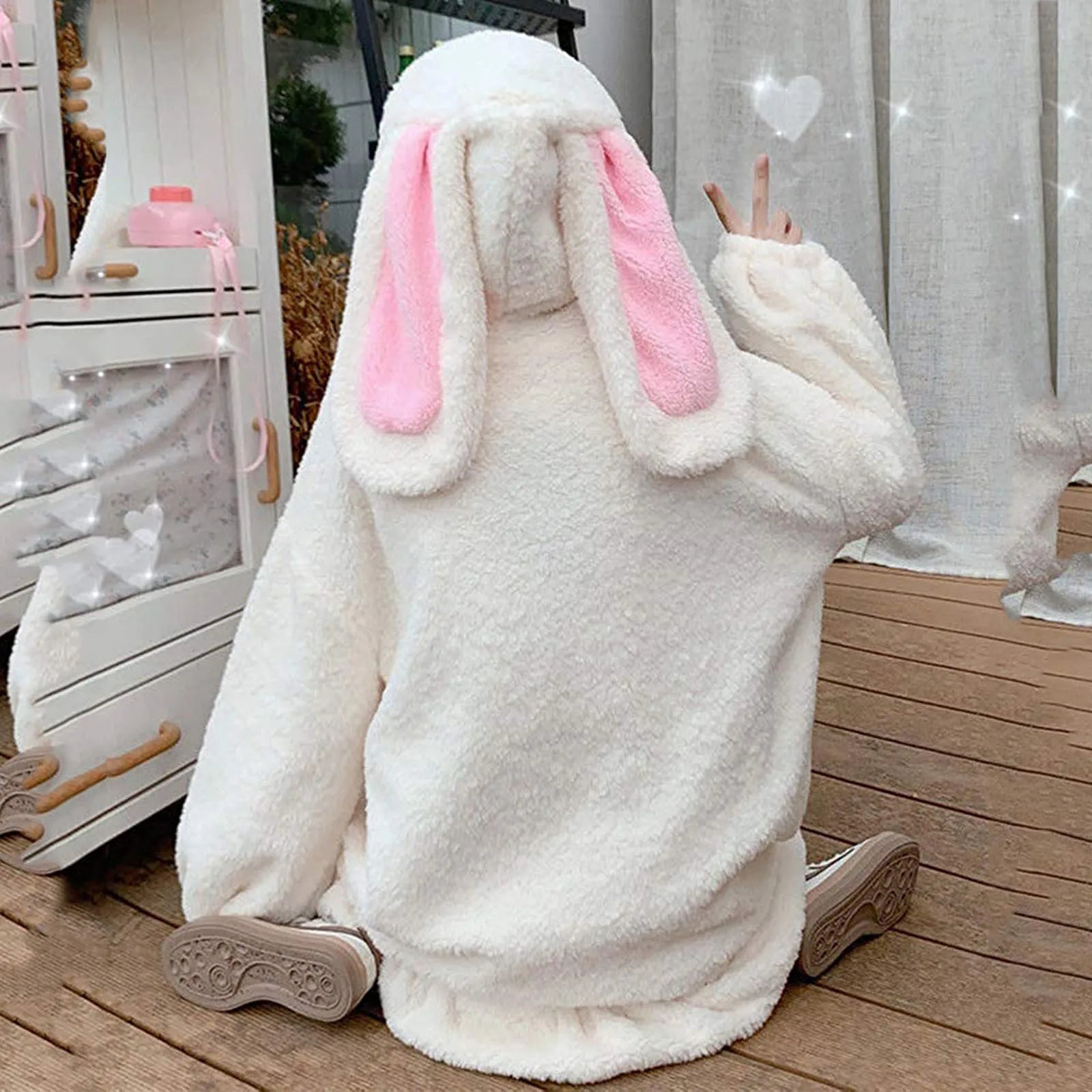 Kawaii Hoodies Women Lambswool Oversized Bunny Ears Long Sleeve