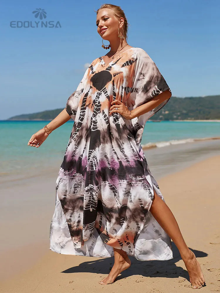 2023 Multicolored Kaftan Bohemian Printed V-Neck Batwing