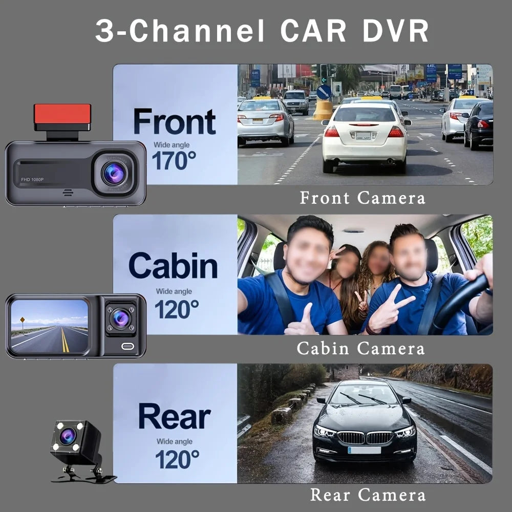 3 Channel Dash Cam for Cars Black Box Camera Car DVR 1080P Video Recorder Rear