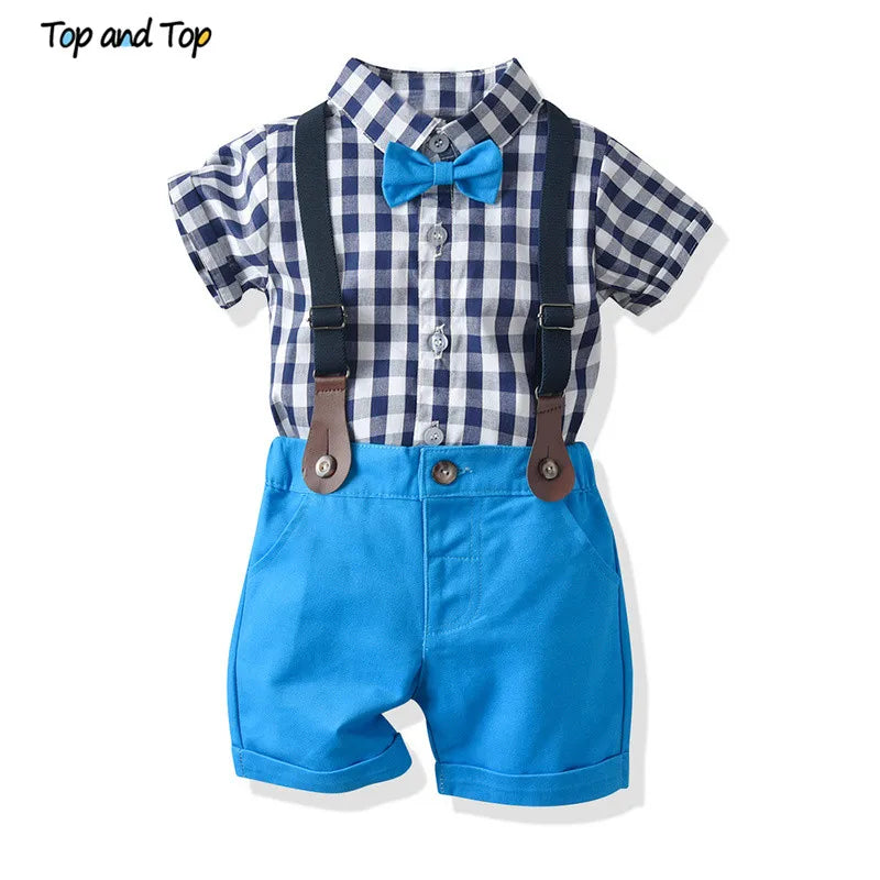 Top and Top Baby Boys Clothes Set Summer Toddler Plaid Tops+Suspenders