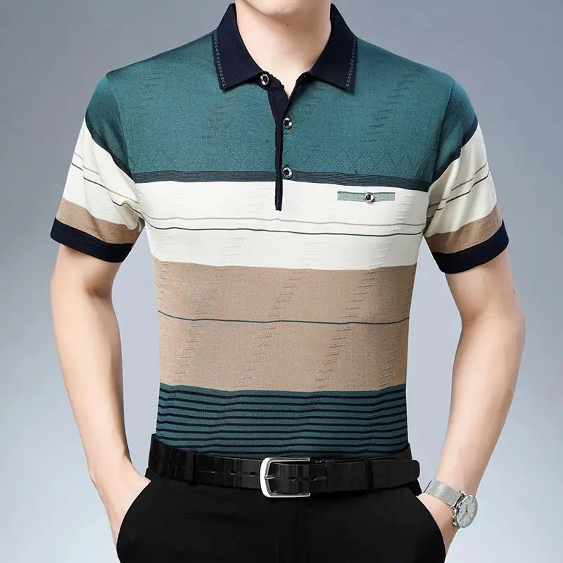 Summer Short Sleeve Polo Tee Shirt Men Casual Pocket Striped Men's Clothing