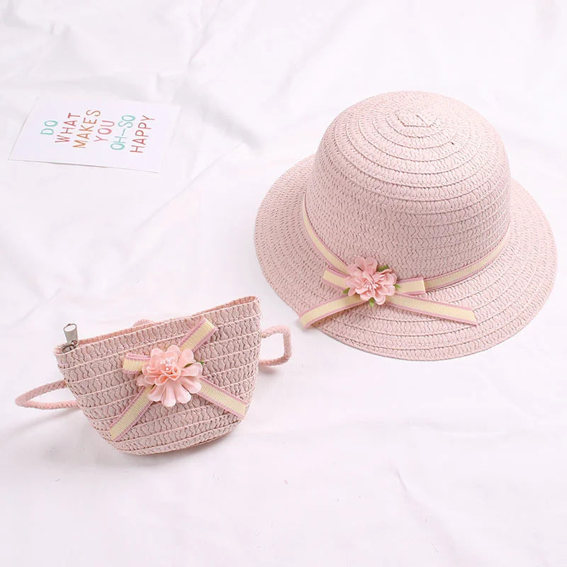 Summer Baby Flower Breathable Hat Straw Hat With Handbag Bags Kids Hat Girls