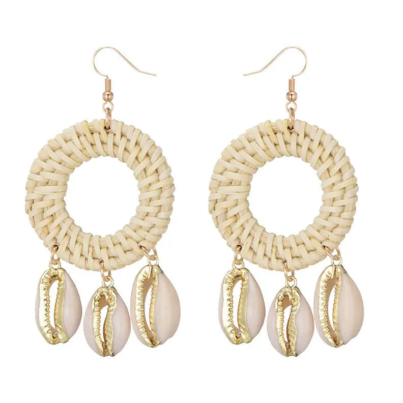 New Beach Sea Natural Shell Charms Bamboo Braid Drop Earrings Bohemian Rattan